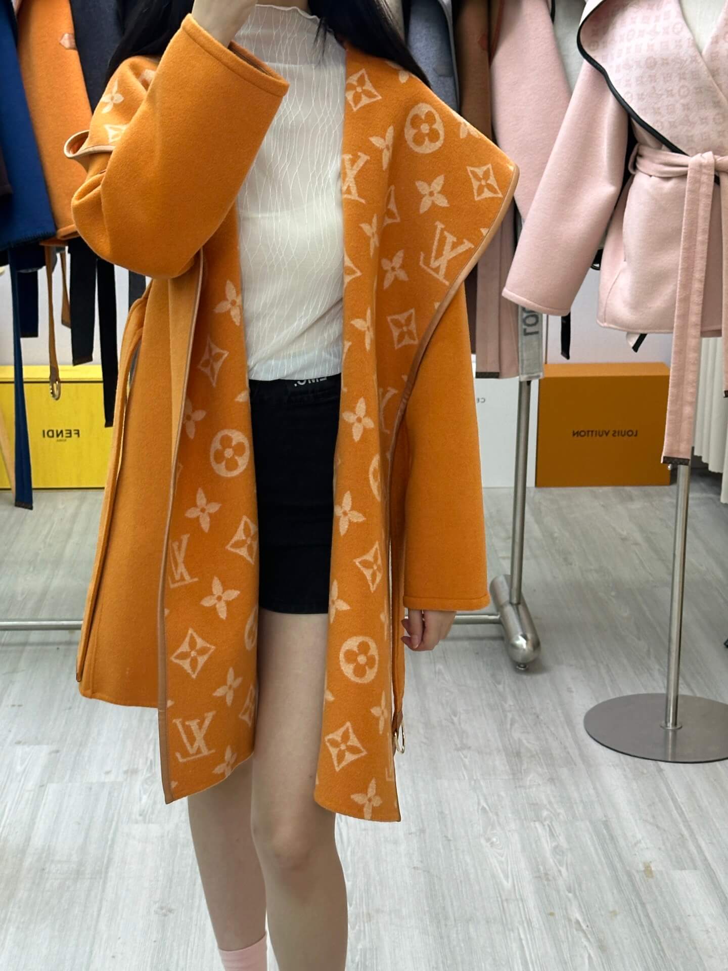 Louis Vuitton Signature Double Face Monogram Wrap Coat in Mustard Orange - Image 4