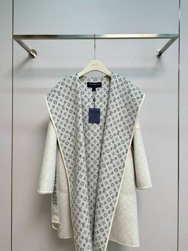 Louis Vuitton White Monogram Belted Wool Wrap Coat