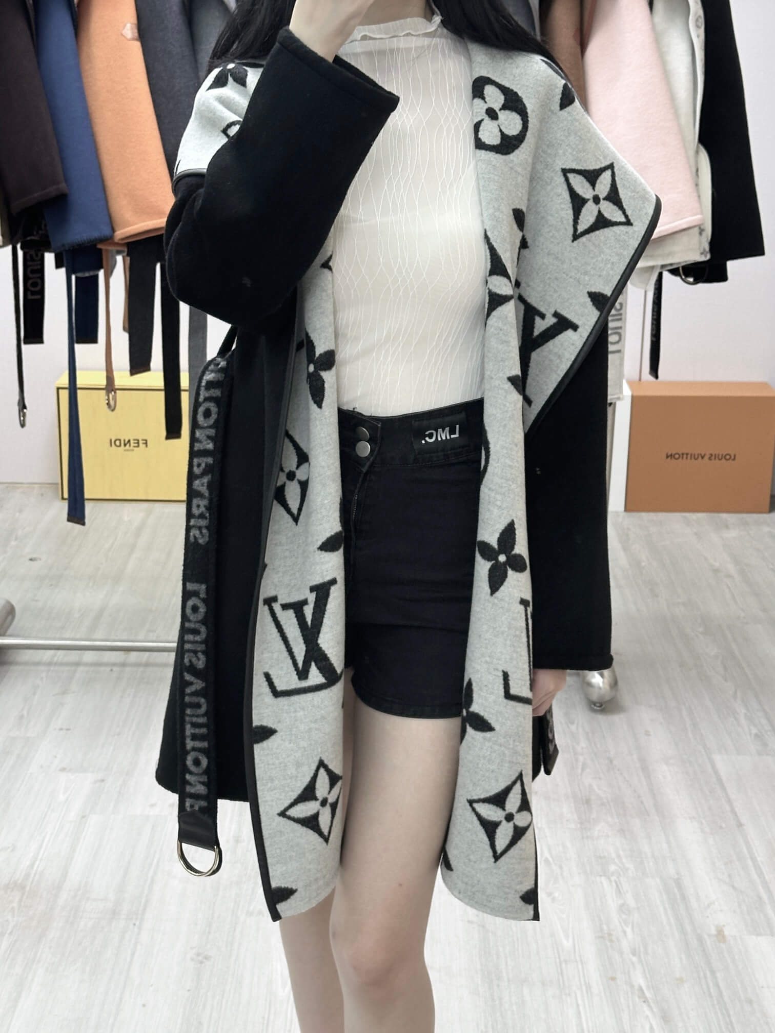 Louis Vuitton Women's Cashmere Wrap Coat in Black and Light Grey Monogram - Image 6