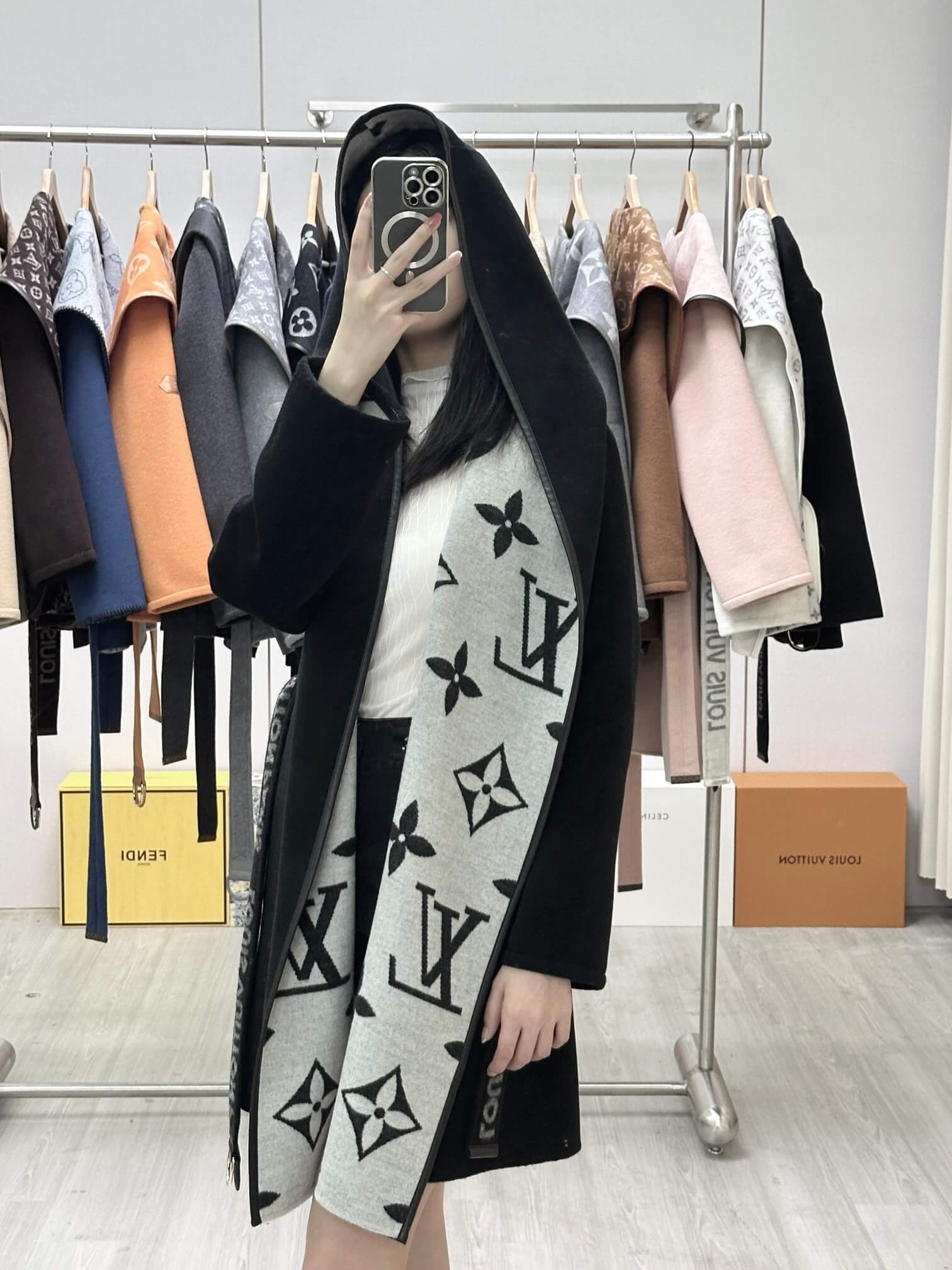 Louis Vuitton Women's Cashmere Wrap Coat in Black and Light Grey Monogram - Image 11