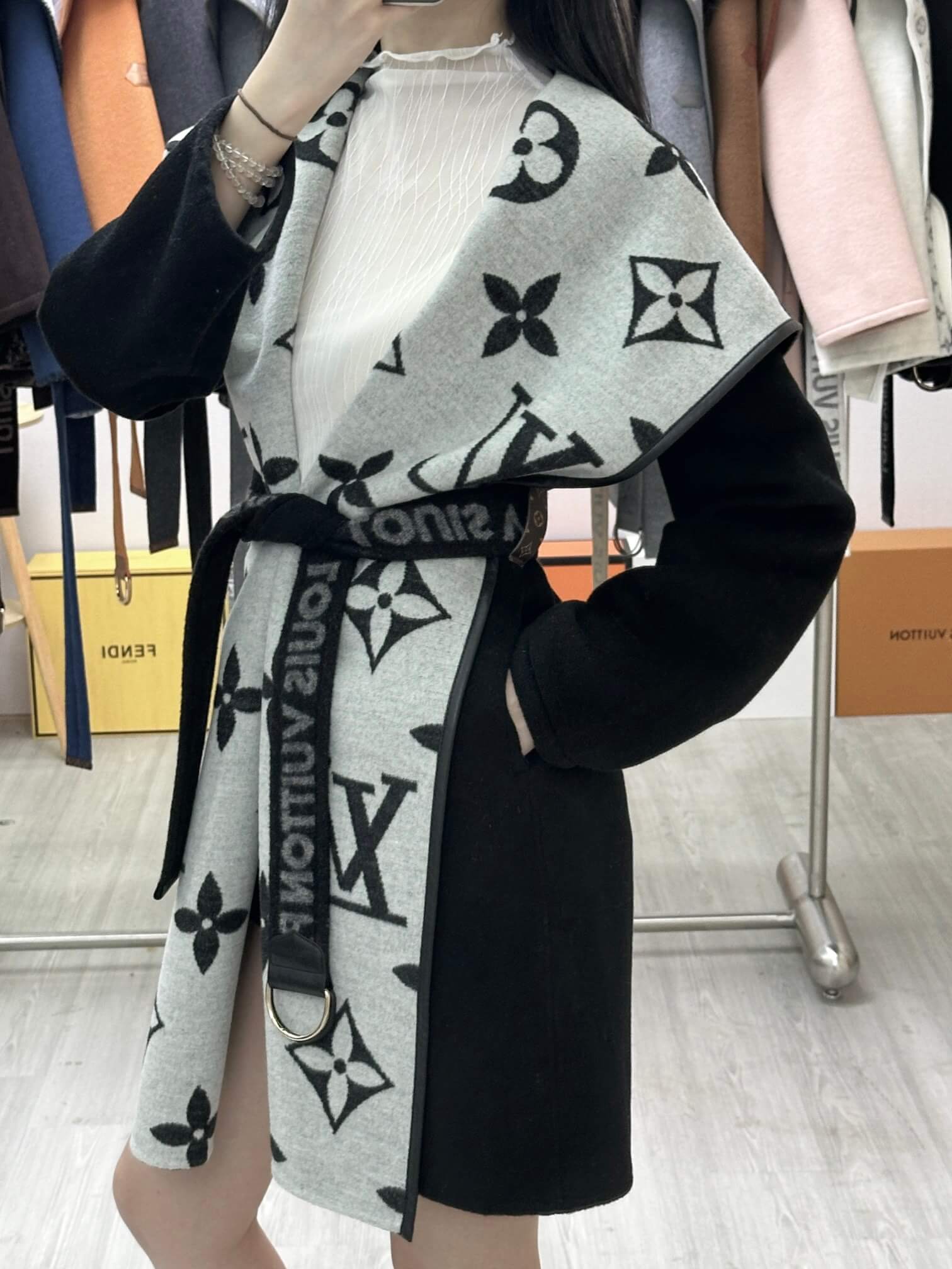 Louis Vuitton Women's Cashmere Wrap Coat in Black and Light Grey Monogram - Image 4