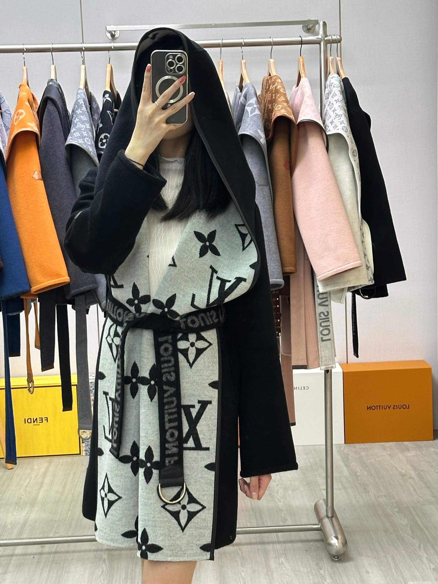 Louis Vuitton Women's Cashmere Wrap Coat in Black and Light Grey Monogram - Image 3