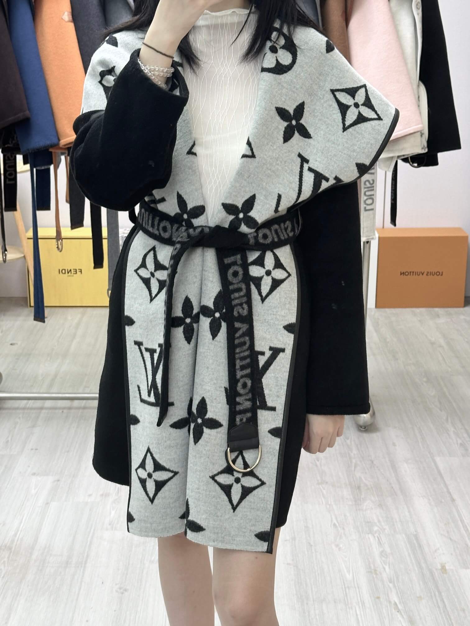 Louis Vuitton Women's Cashmere Wrap Coat in Black and Light Grey Monogram - Image 2