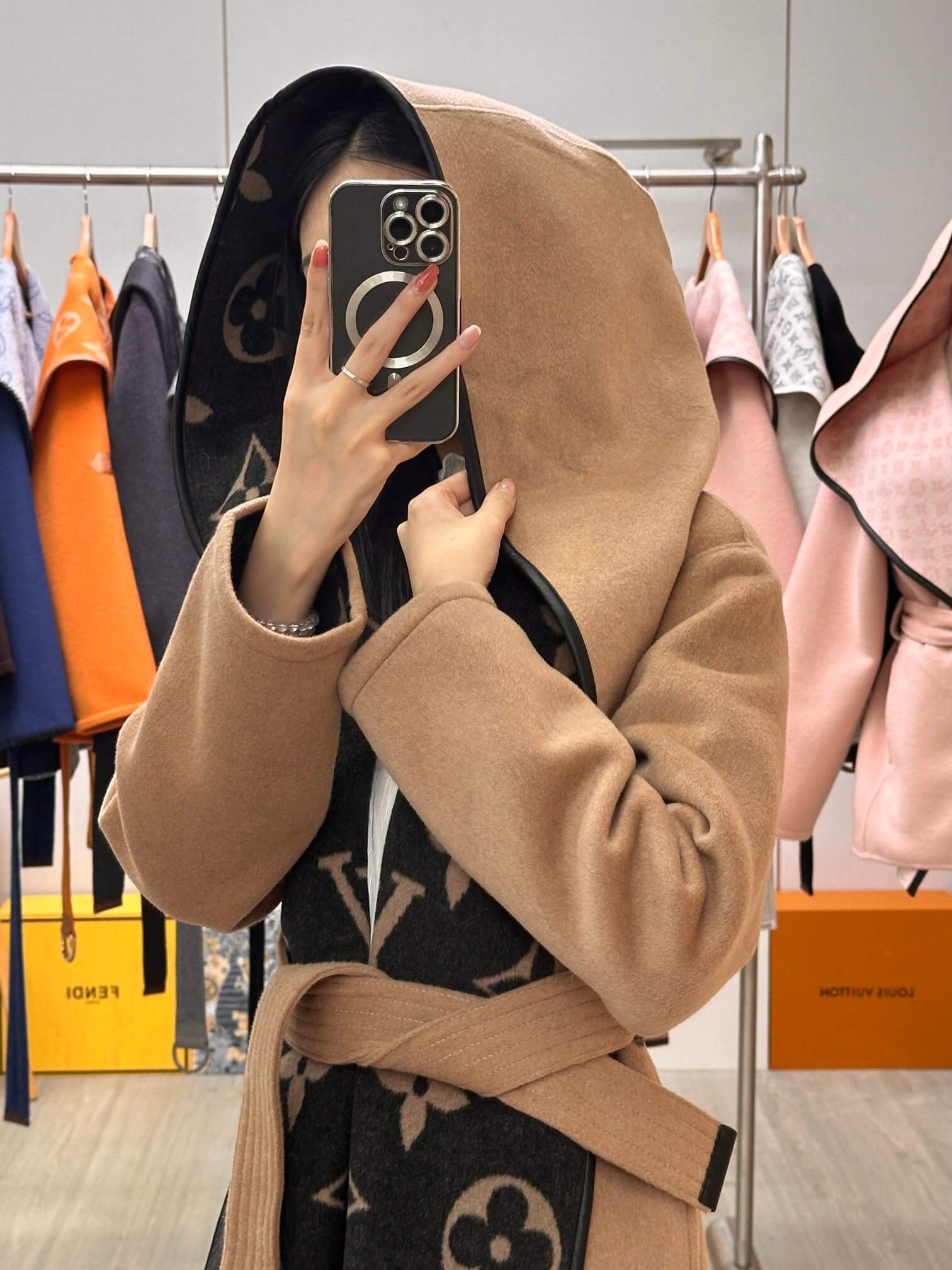Louis Vuitton Women's Wool & Silk Hooded Gown Coat in Camel and Black Monogram - Image 3