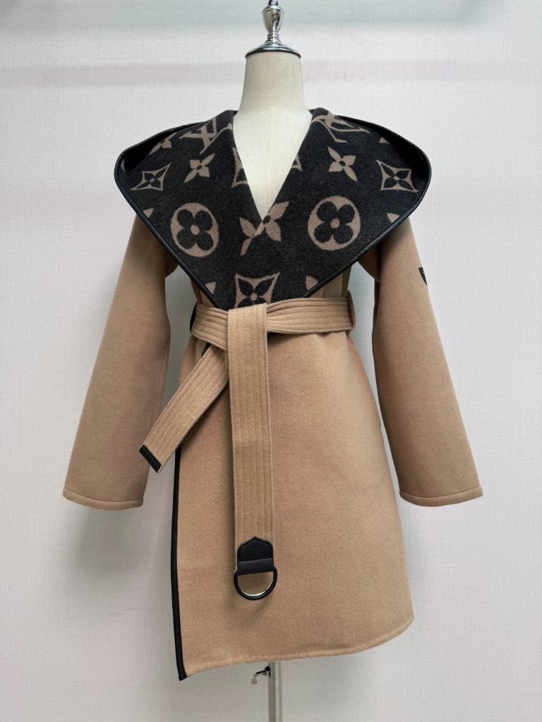 Louis Vuitton Women's Wool & Silk Hooded Gown Coat in Camel and Black Monogram