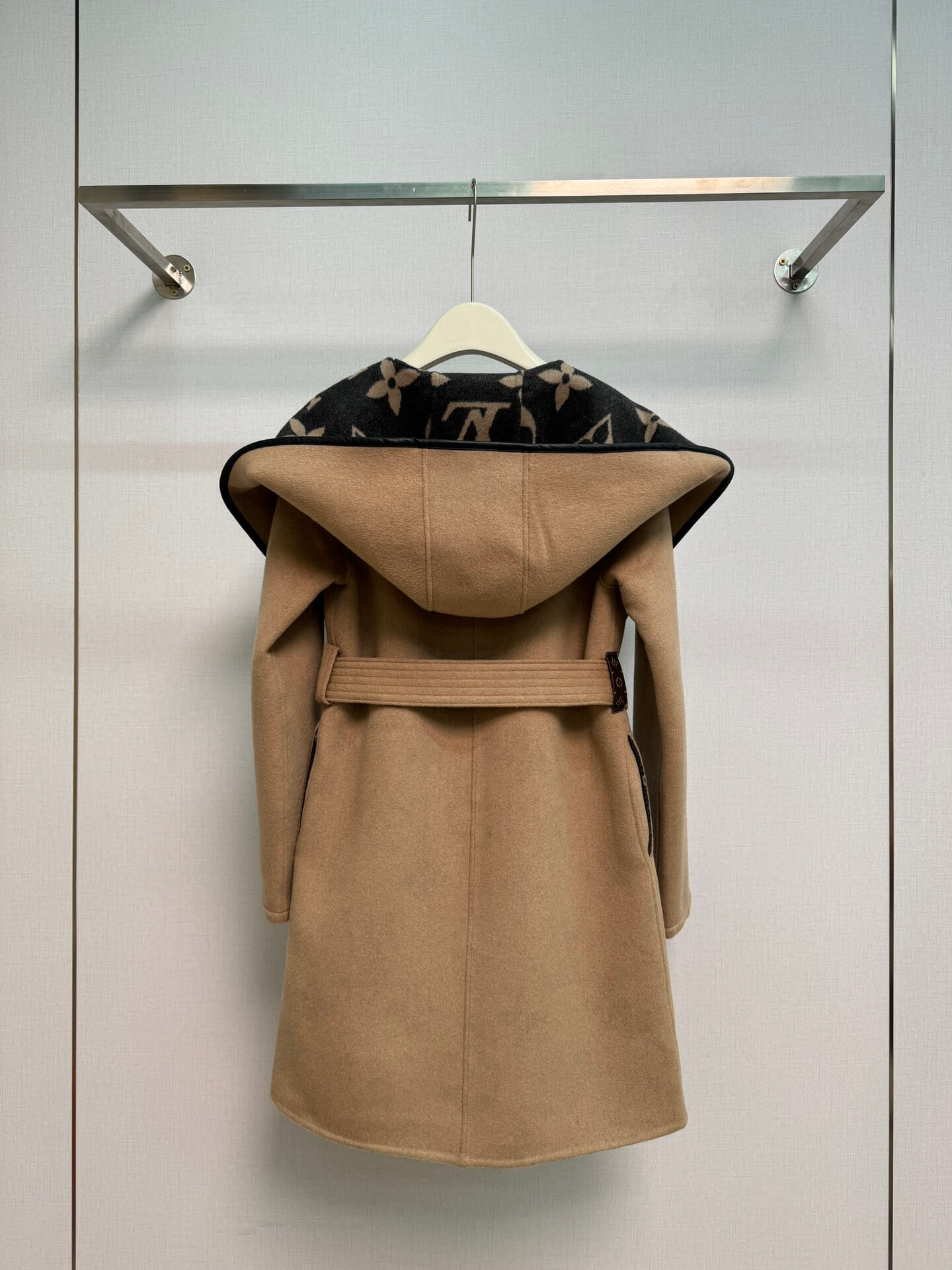 Louis Vuitton Women's Wool & Silk Hooded Gown Coat in Camel and Black Monogram - Image 14