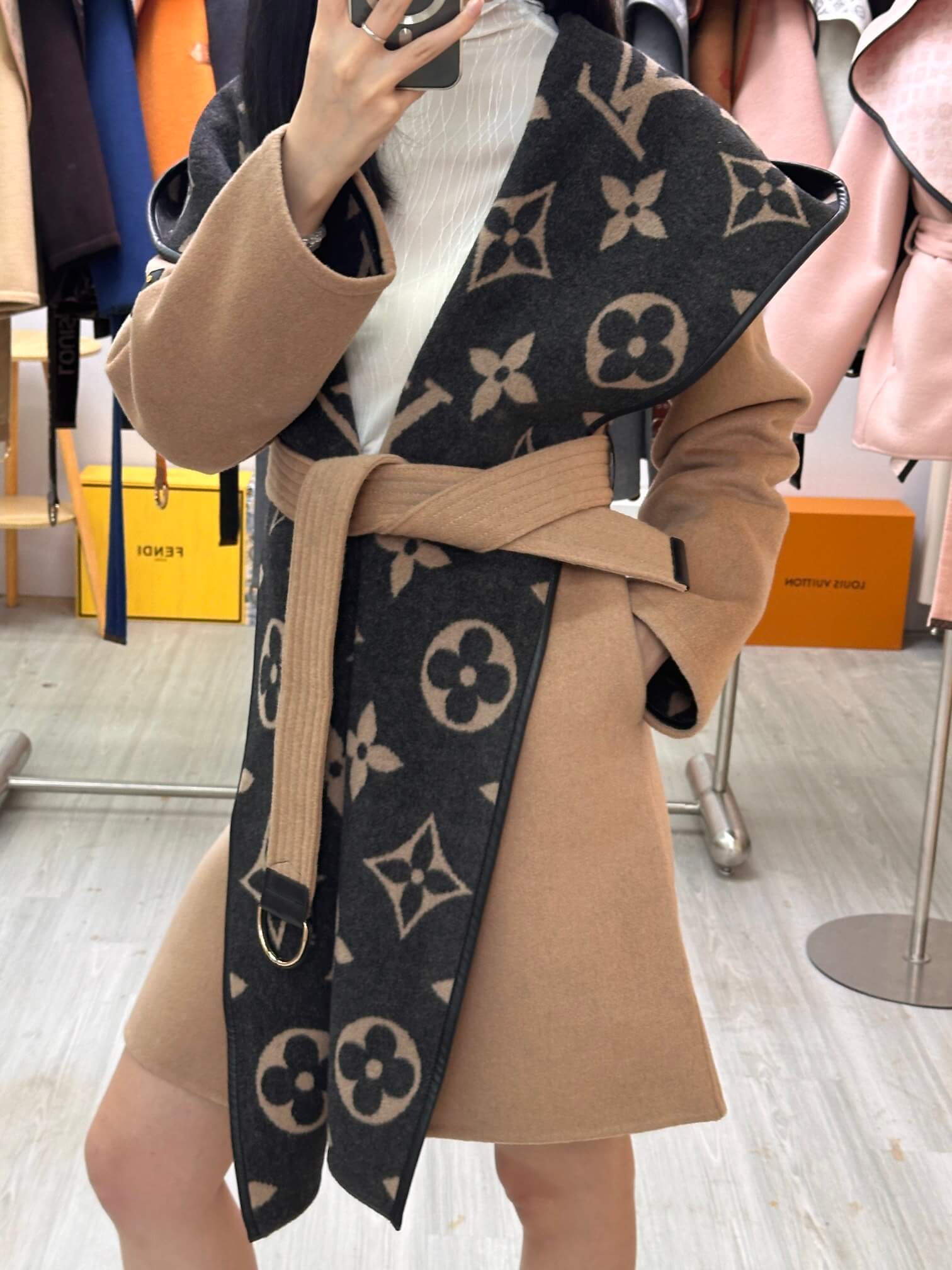 Louis Vuitton Women's Wool & Silk Hooded Gown Coat in Camel and Black Monogram - Image 8