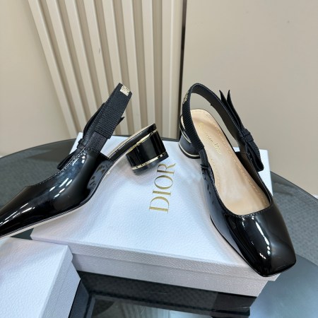 Miss Dior Black Patent Leather Low-Heel Slingback Pumps