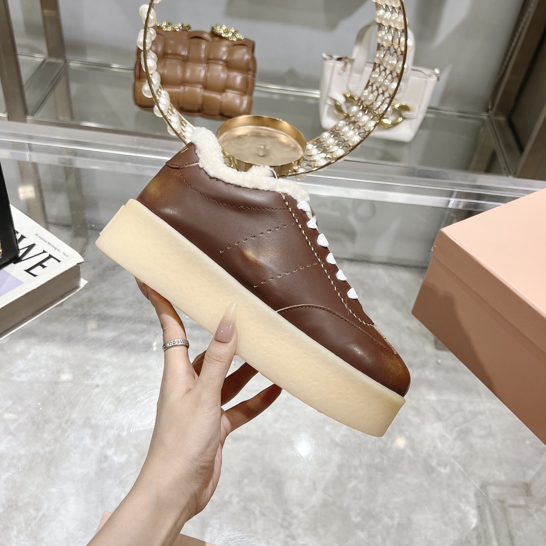 Miu Miu Brown Leather Shearling-Lined Sneakers - Image 6