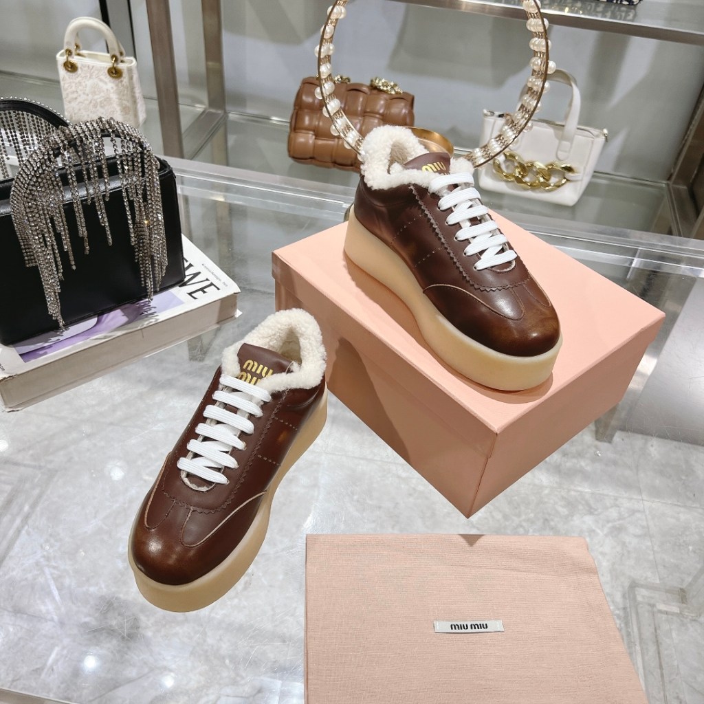 Miu Miu Brown Leather Shearling-Lined Sneakers