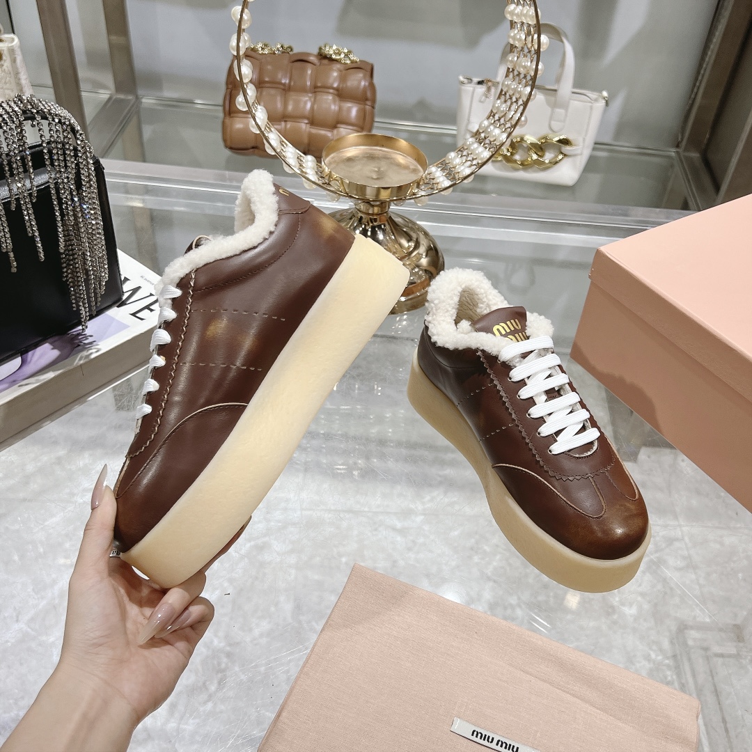 Miu Miu Brown Leather Shearling-Lined Sneakers - Image 5