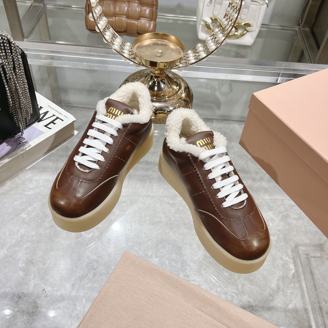 Miu Miu Brown Leather Shearling-Lined Sneakers - Image 2