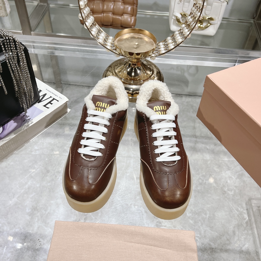 Miu Miu Brown Leather Shearling-Lined Sneakers - Image 3