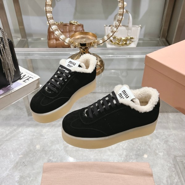 Miu Miu Plume Shearling-Lined Black Suede Sneakers