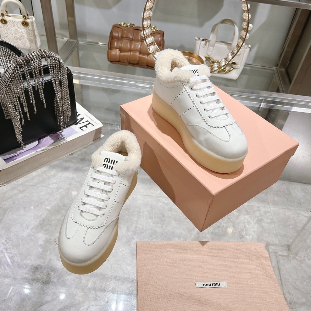 Miu Miu White Leather Shearling-Lined Sneakers