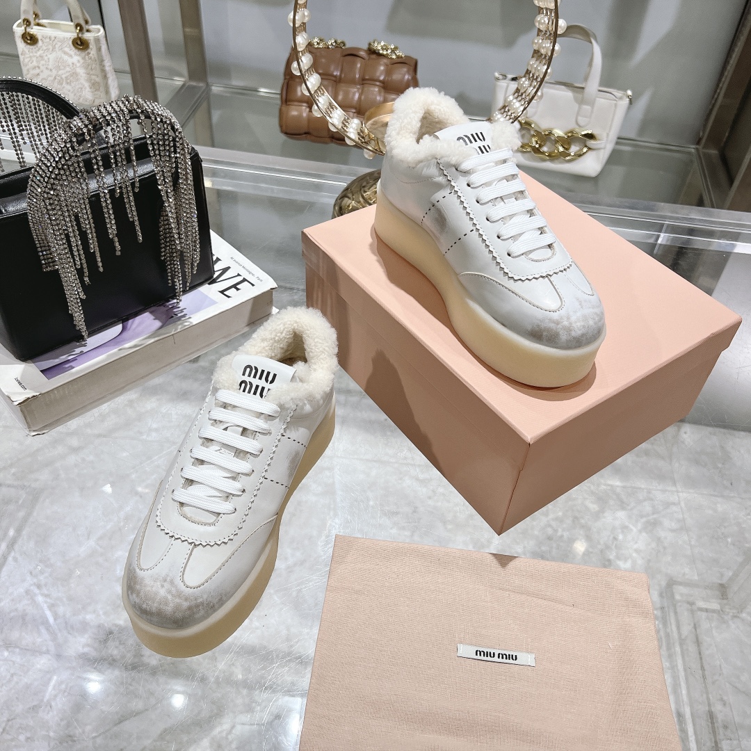 Miu Miu White Shearling-Lined Suede Leather Sneakers - Image 7