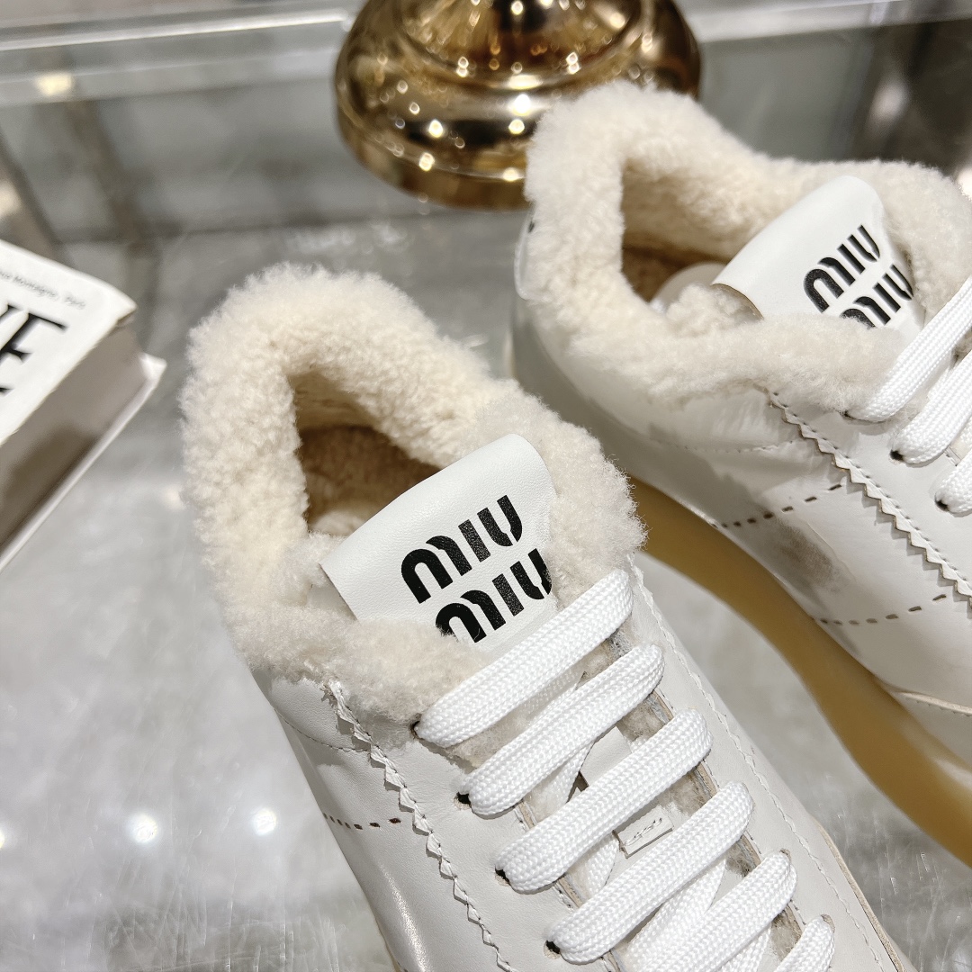 Miu Miu White Shearling-Lined Suede Leather Sneakers - Image 5