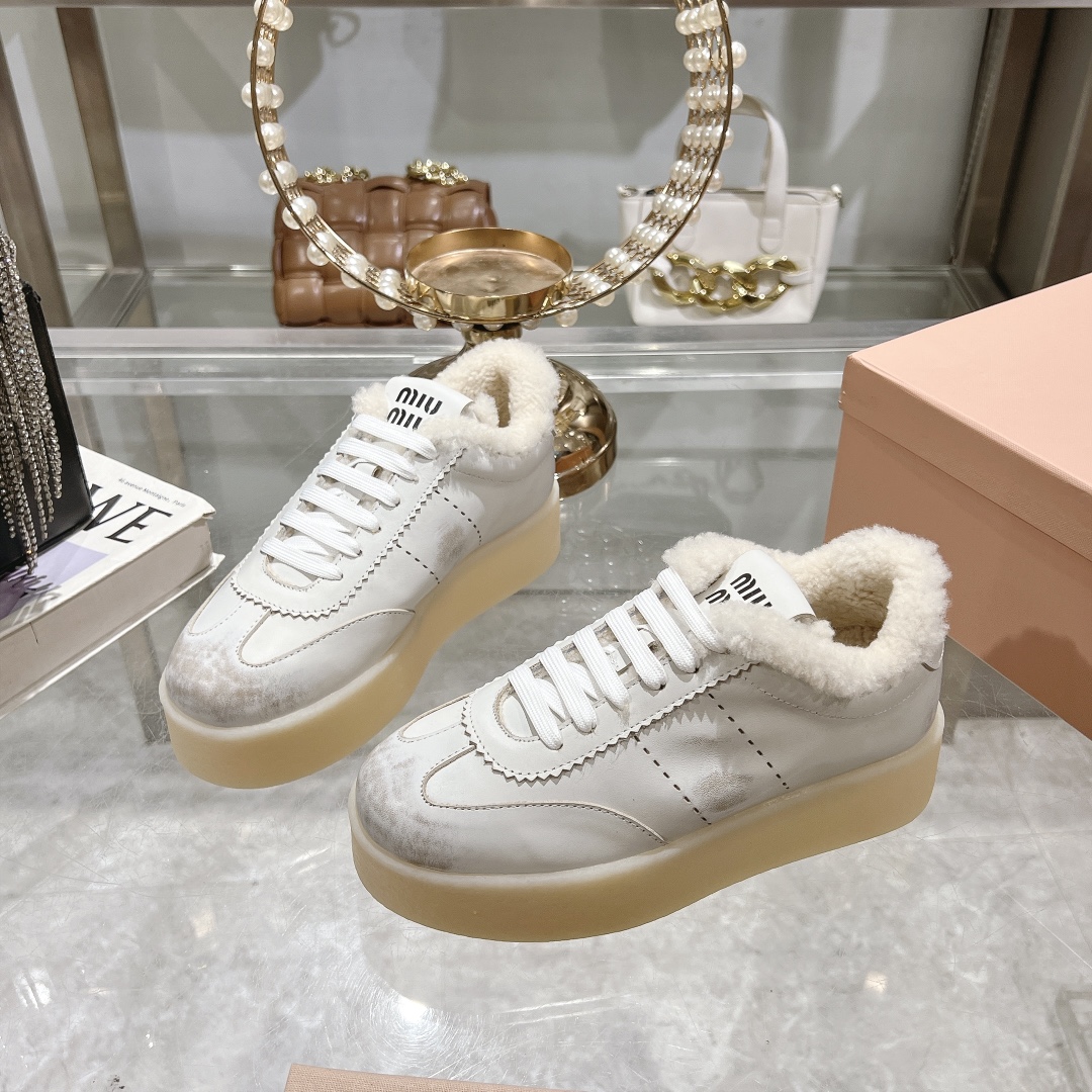 Miu Miu White Shearling-Lined Suede Leather Sneakers