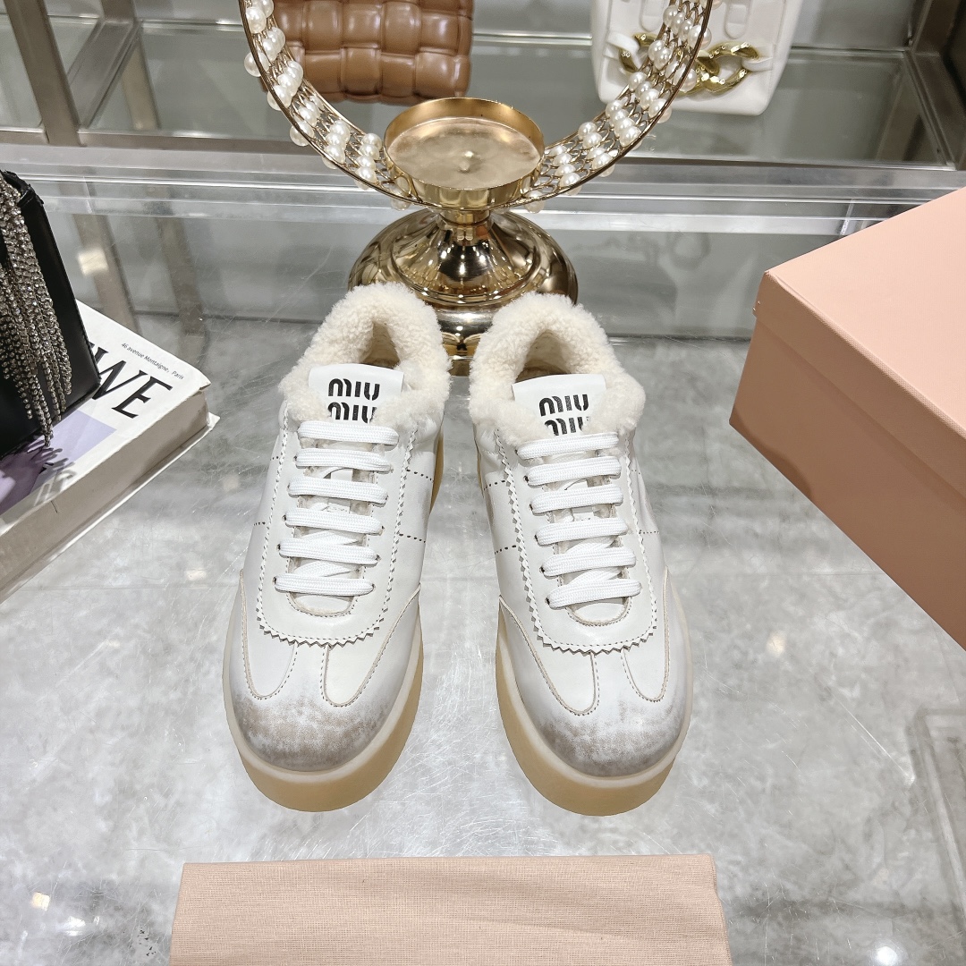 Miu Miu White Shearling-Lined Suede Leather Sneakers - Image 2