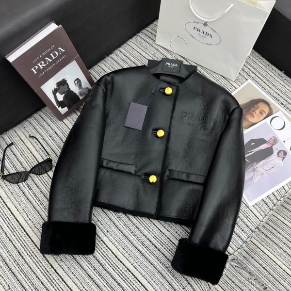 Prada Lambskin Fur One-Piece Jacket Coat - Black