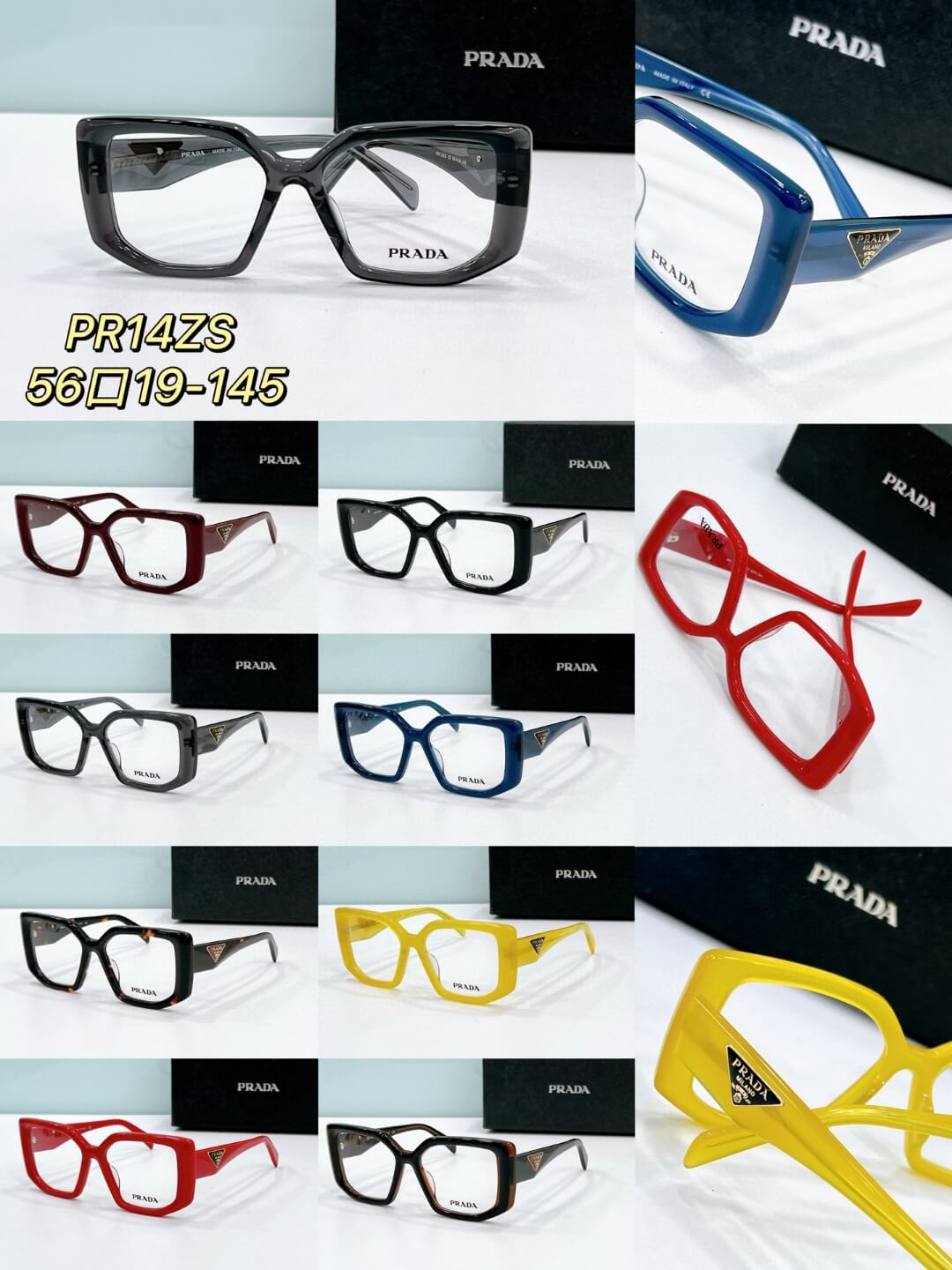 Prada PR 14ZS Geometric Frame Glasses – Black, Gray, Red, Blue, Yellow, and Tortoiseshell - Image 10