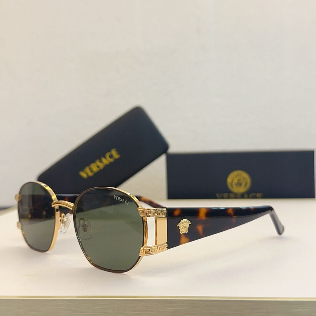 Versace S61 030 Women's Sunglasses – Elegant Metal Frame with Greek Key Detailing in Light Blue, Tortoiseshell, Red, and Black Gradient - Image 10