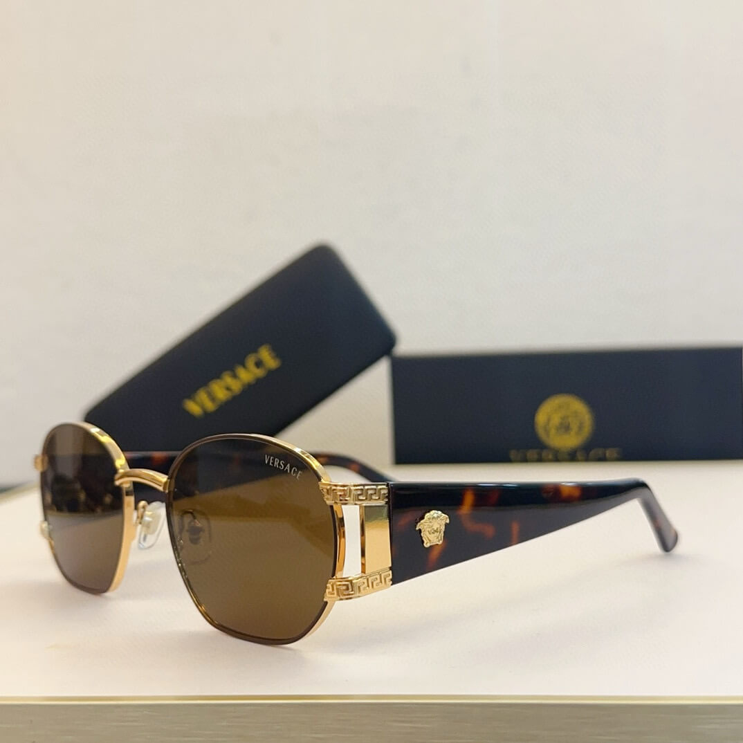 Versace S61 030 Women's Sunglasses – Elegant Metal Frame with Greek Key Detailing in Light Blue, Tortoiseshell, Red, and Black Gradient - Image 9