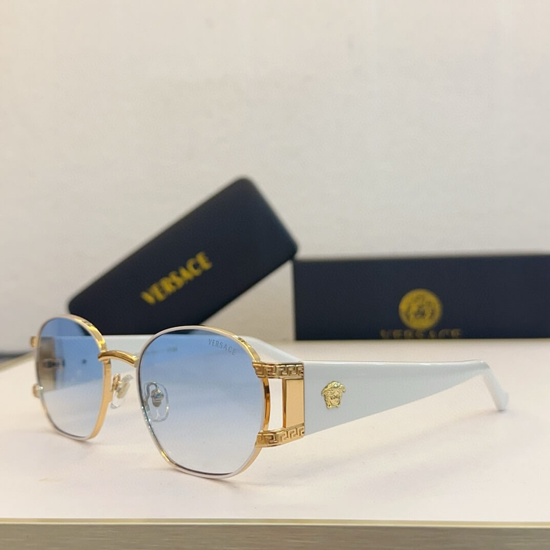 Versace S61 030 Women's Sunglasses – Elegant Metal Frame with Greek Key Detailing in Light Blue, Tortoiseshell, Red, and Black Gradient - Image 8