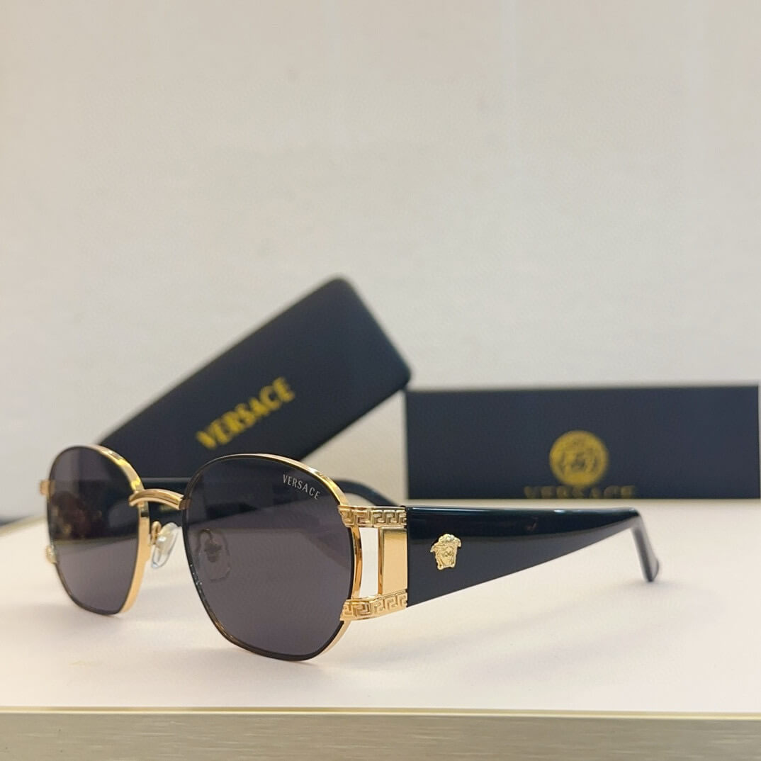 Versace S61 030 Women's Sunglasses – Elegant Metal Frame with Greek Key Detailing in Light Blue, Tortoiseshell, Red, and Black Gradient - Image 4