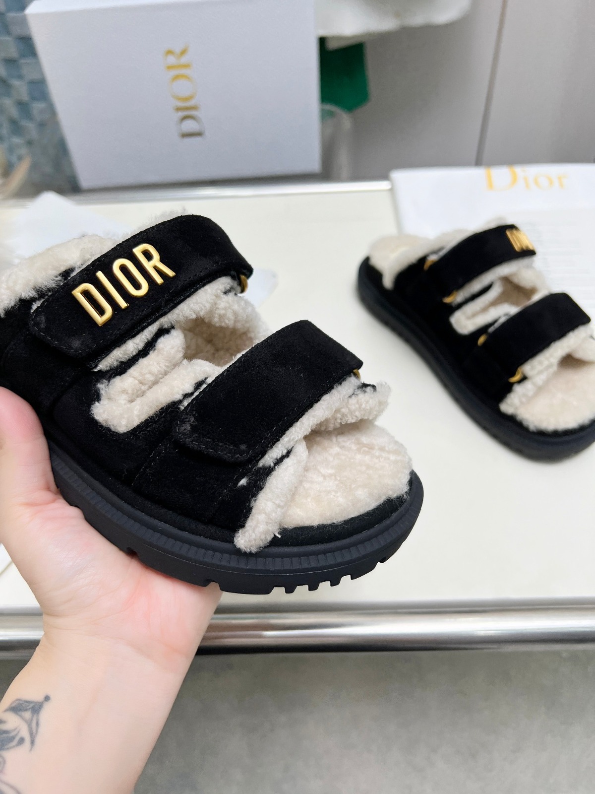 Dior Dioract Black Suede and Shearling Slides - Image 7