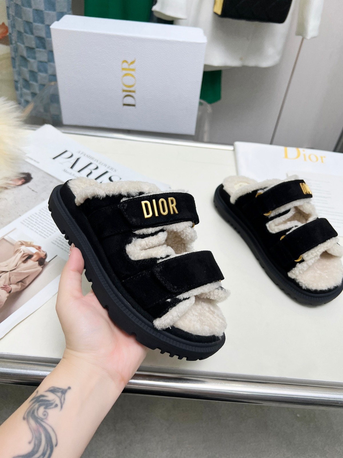 Dior Dioract Black Suede and Shearling Slides - Image 9