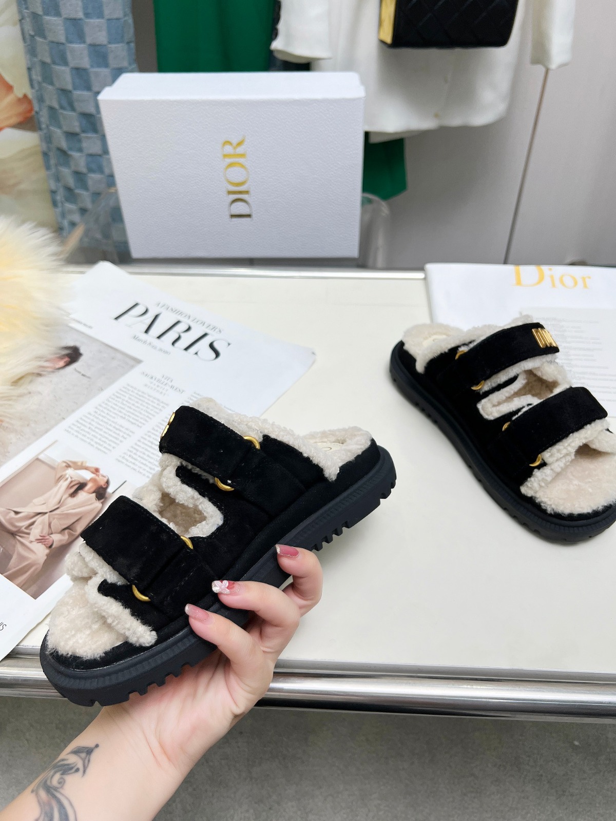 Dior Dioract Black Suede and Shearling Slides - Image 4