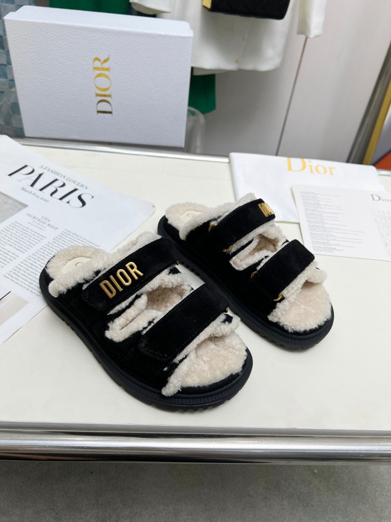 Dior Dioract Black Suede and Shearling Slides