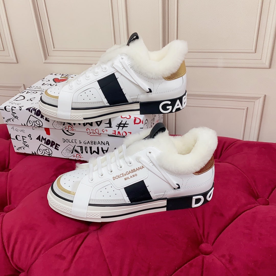 Women's Dolce & Gabbana White Winter Sneakers with Gold Heel
