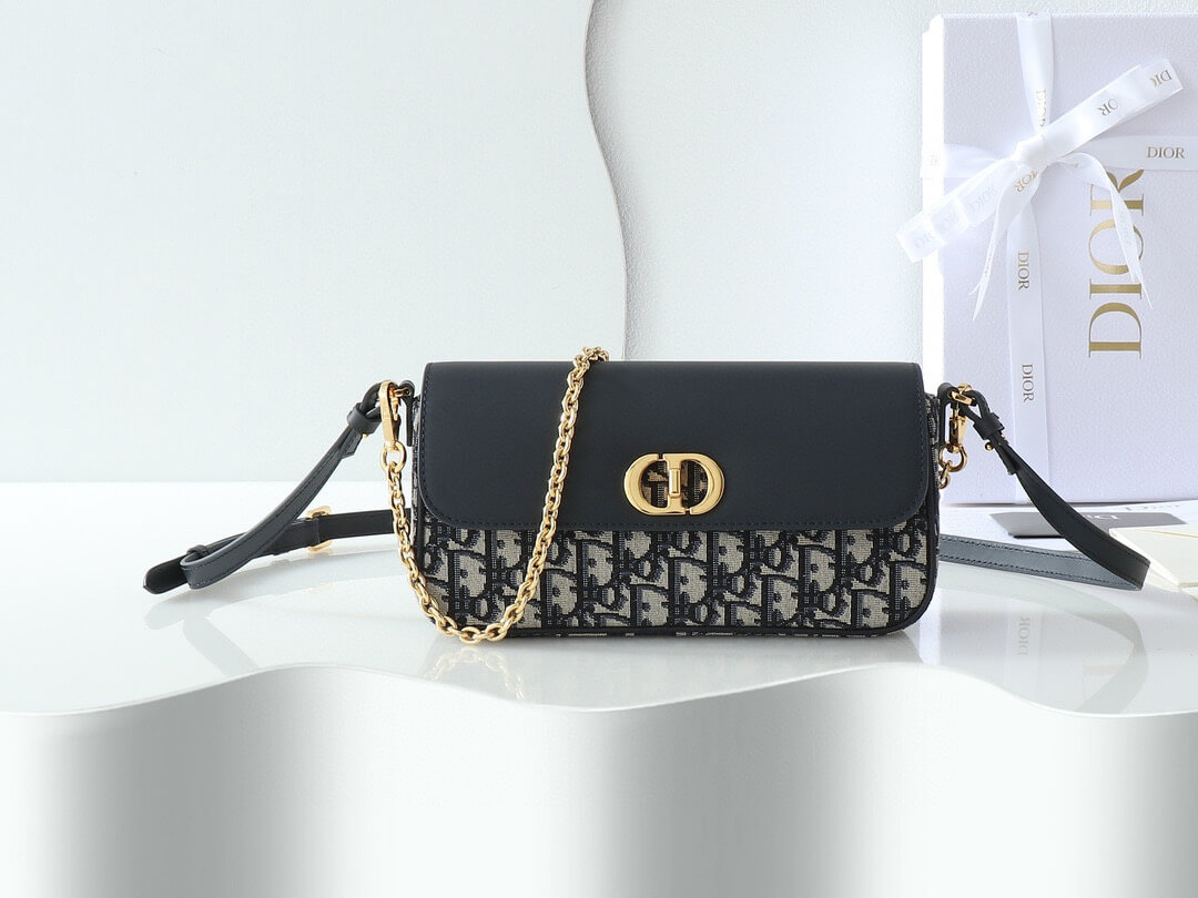 Miss Caro Pouch with Chain Blue Dior Oblique Jacquard and Smooth Calfskin