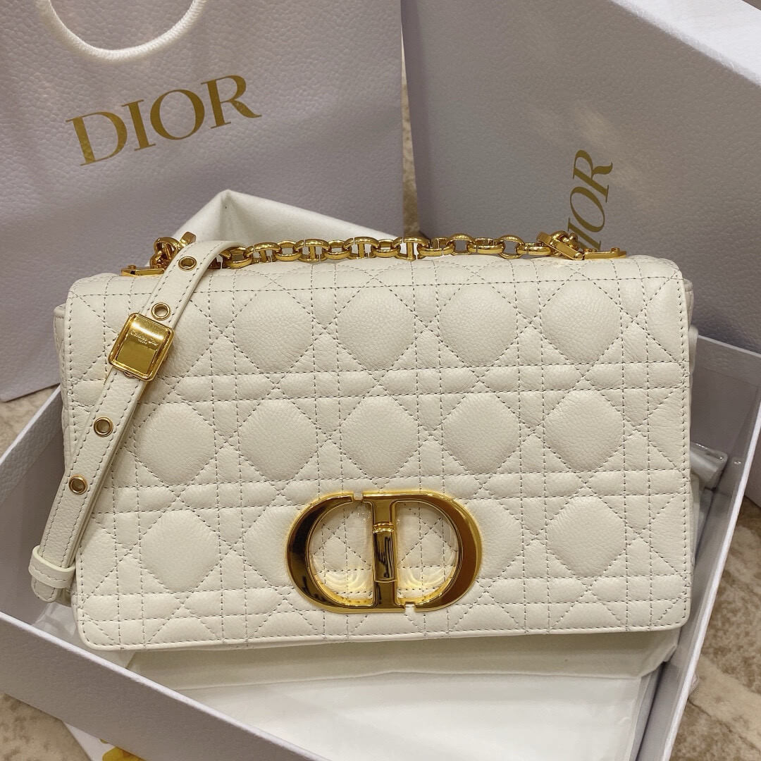 Dior White Quilted Leather Medium Caro Shoulder Bag