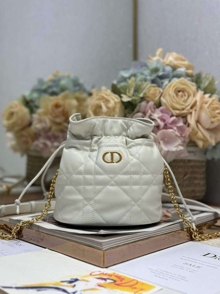Miss Caro Mini Bucket Bag with Drawstring White Macrocannage Lambskin