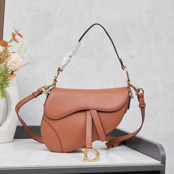 Dior Brown Grained Calfskin Leather Saddle Bag With Golden Strap