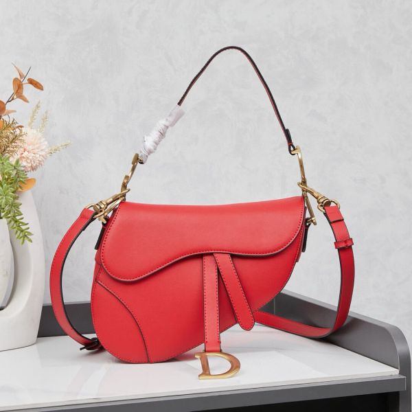 Dior Red Grained Calfskin Leather Saddle Bag
