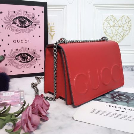 Gucci Embossed Vibrant Red Chain Bag - Image 8