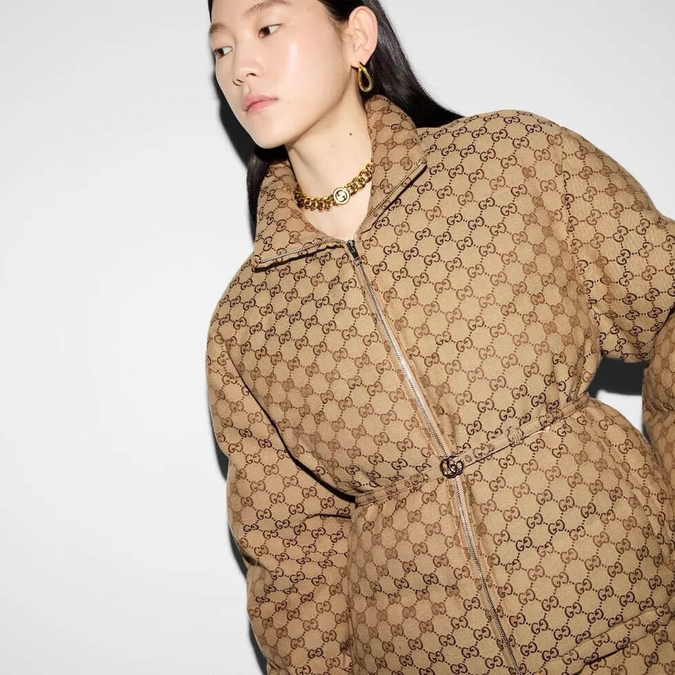 Gucci Women's GG Canvas Padded Bomber Jacket in Camel and Ebony - Image 7