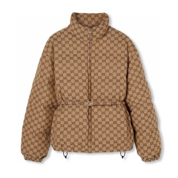 Gucci Women's GG Canvas Padded Bomber Jacket in Camel and Ebony