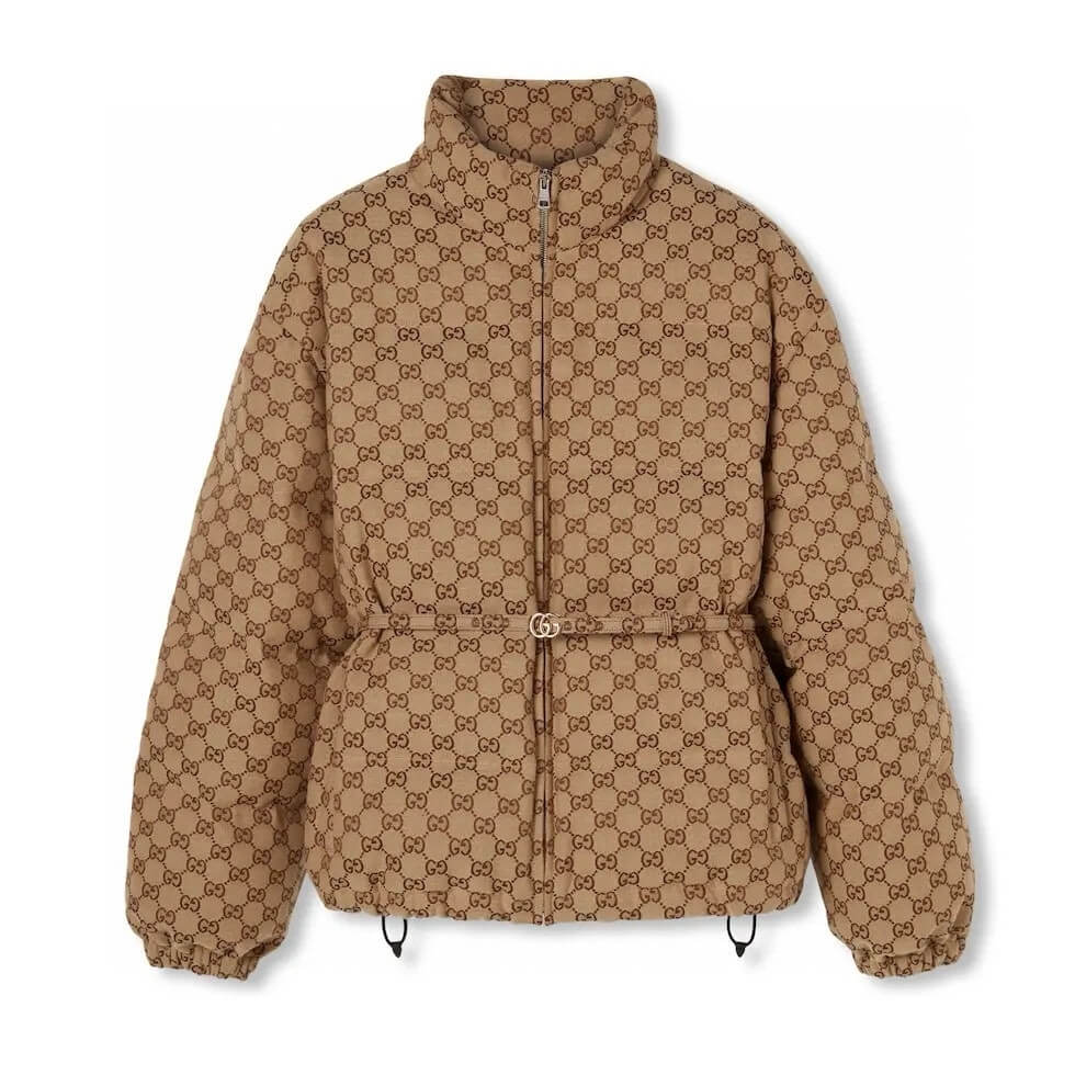 Gucci Women's GG Canvas Padded Bomber Jacket in Camel and Ebony