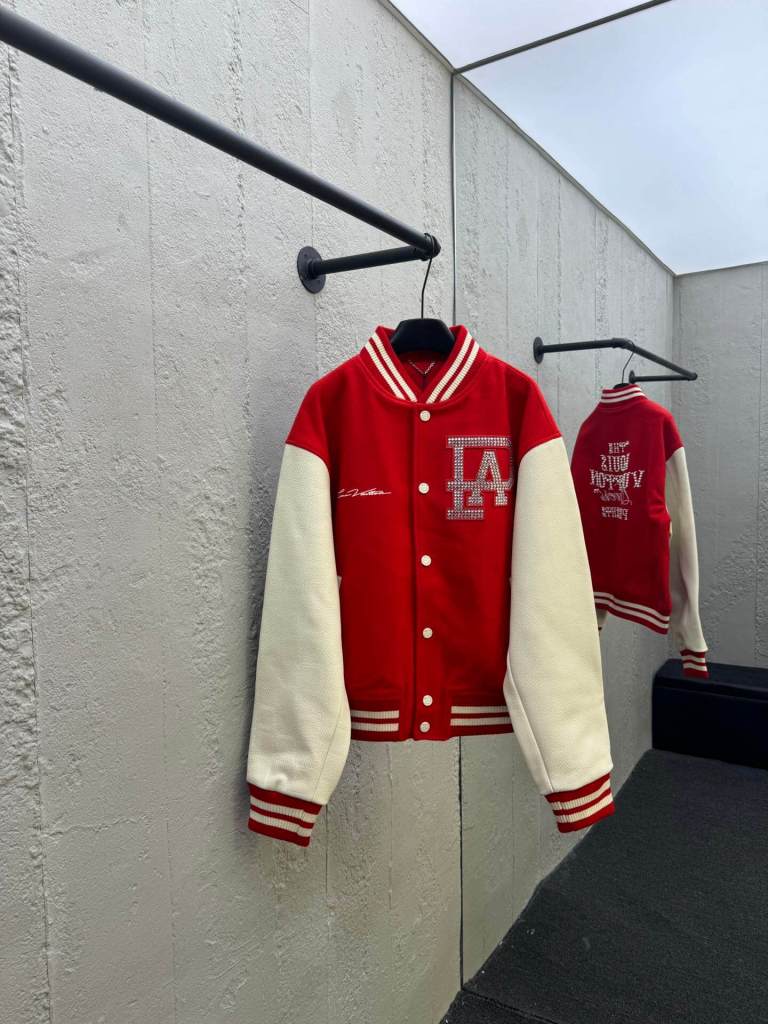 Louis Vuitton Mix Leather Varsity Blouson Baseball Red Jacket