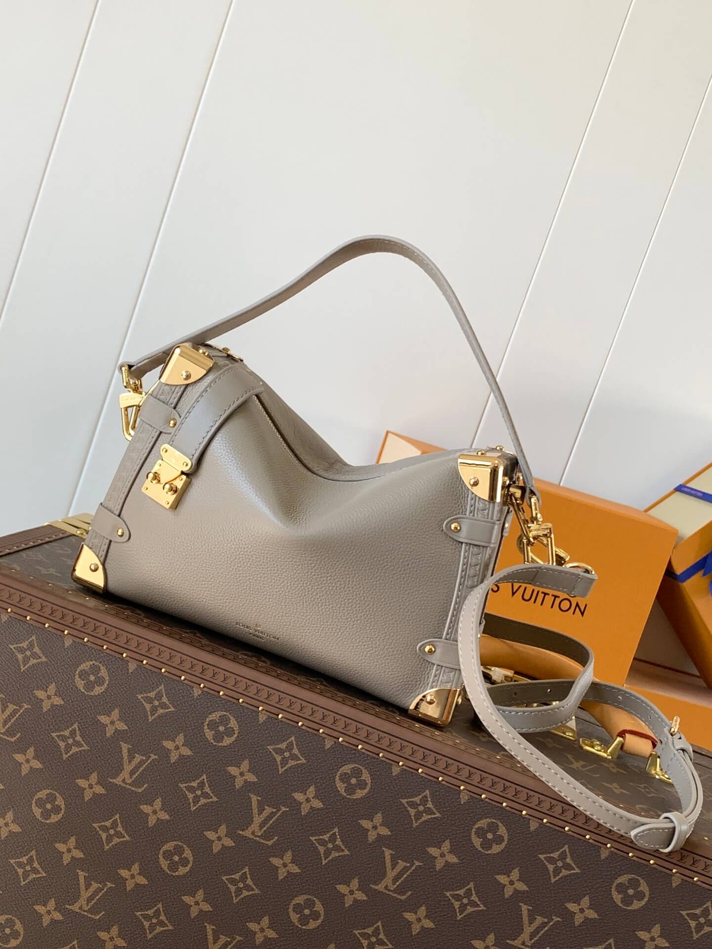 Louis Vuitton Leather MM Side Trunk Bag in Taupe