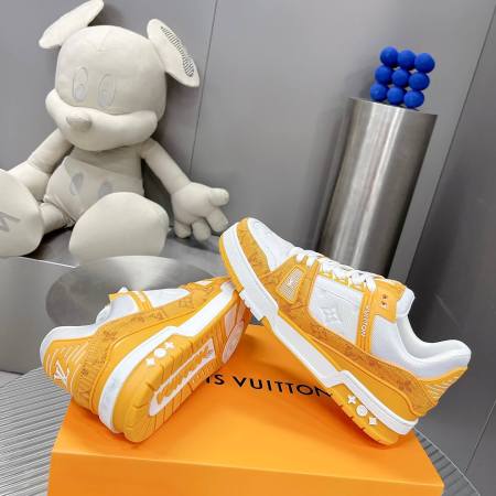 Louis Vuitton LV Trainer Sneaker in White Leather/Orange Monogram Canvas