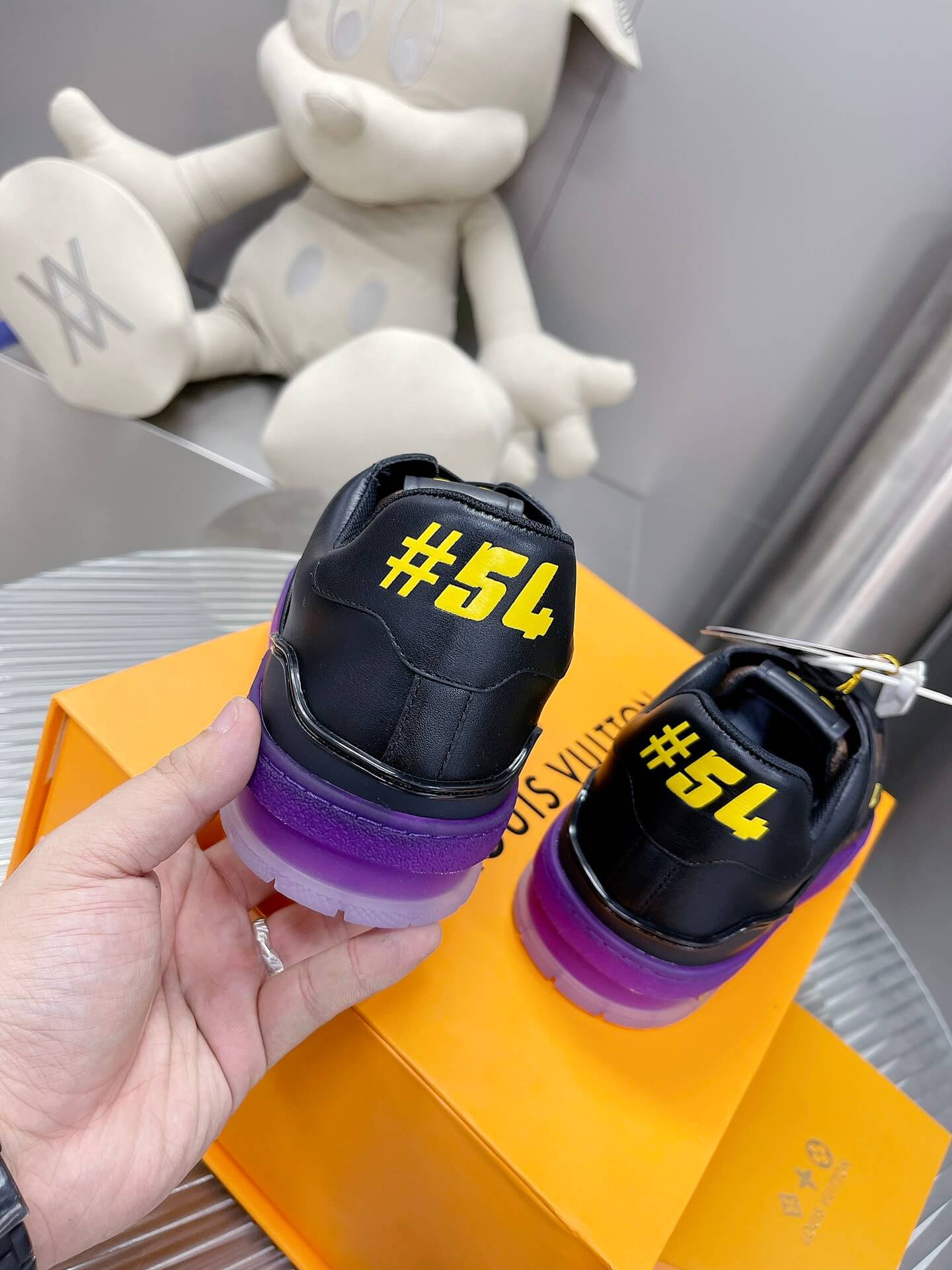 Louis Vuitton LV Trainer Sneaker in Black Leather/Monogram Canvas and Purple Sole - Image 2