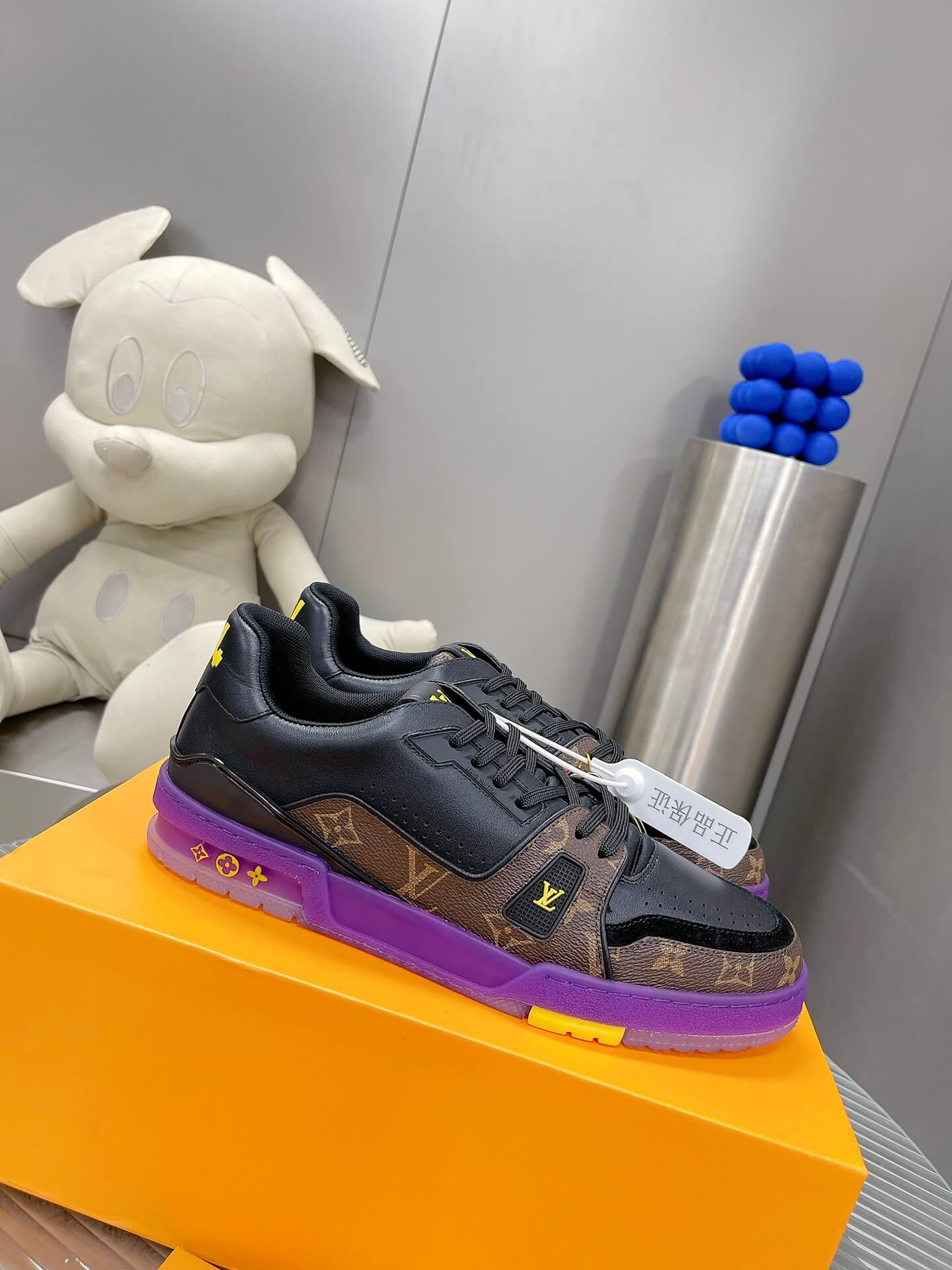 Louis Vuitton LV Trainer Sneaker in Black Leather/Monogram Canvas and Purple Sole - Image 9