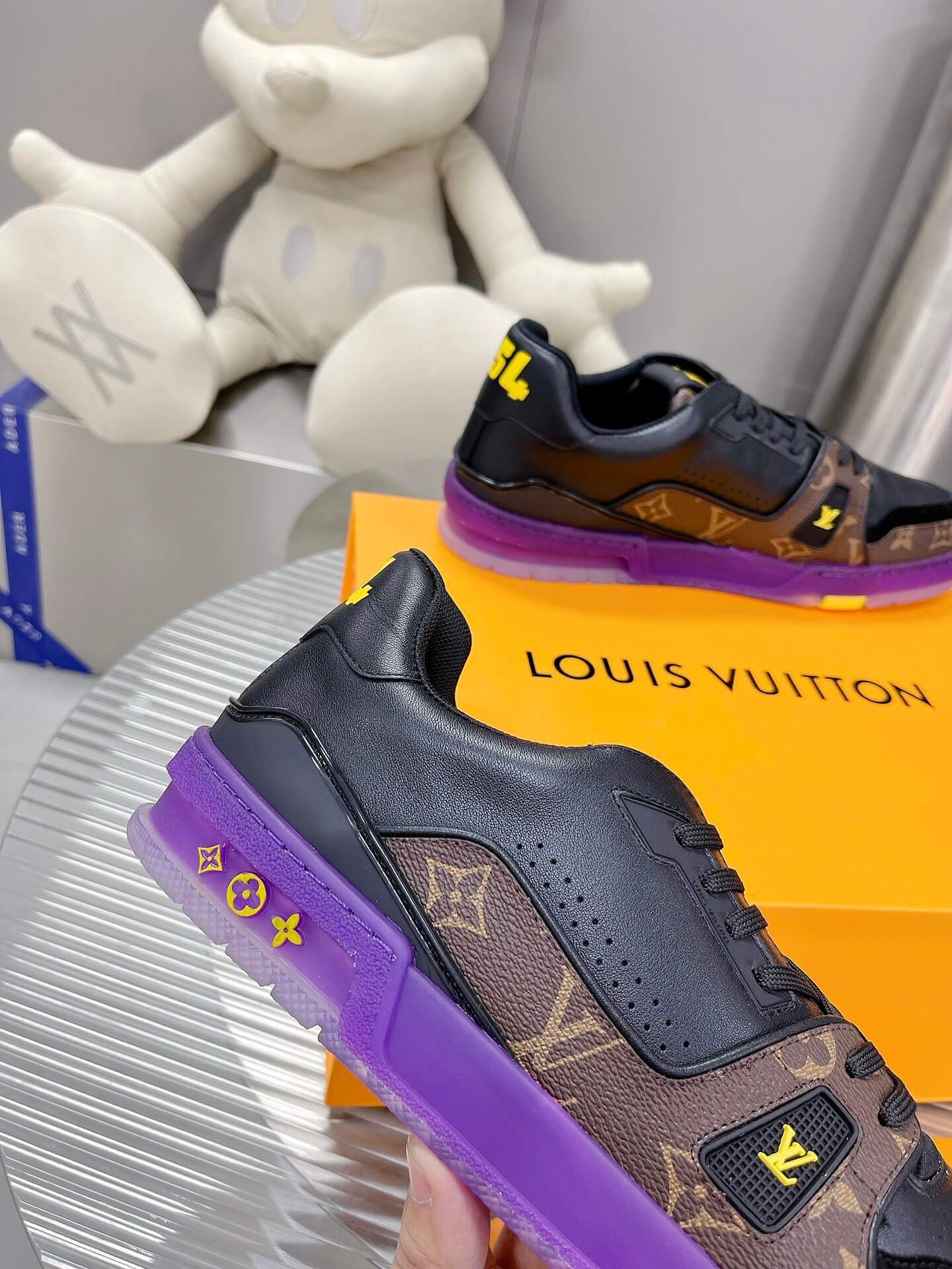 Louis Vuitton LV Trainer Sneaker in Black Leather/Monogram Canvas and Purple Sole - Image 4