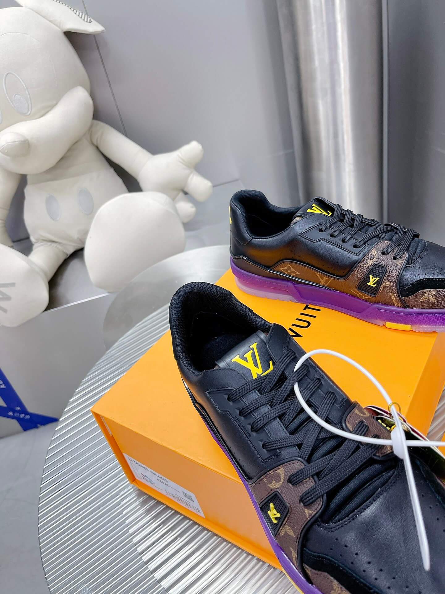 Louis Vuitton LV Trainer Sneaker in Black Leather/Monogram Canvas and Purple Sole - Image 5